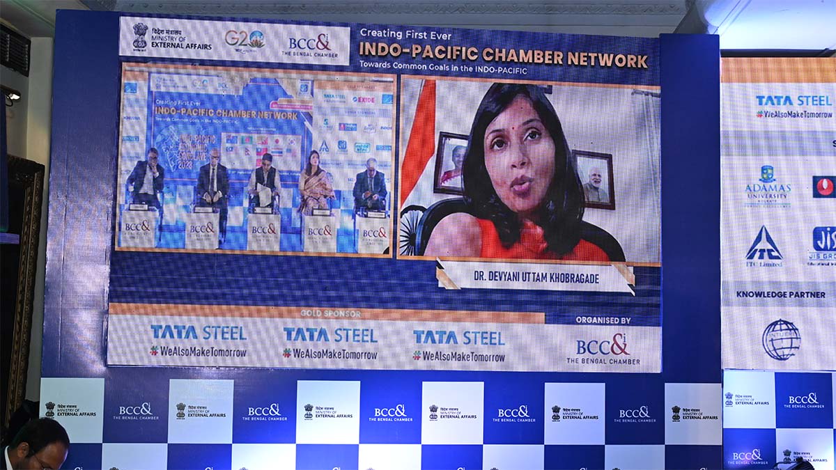 Dr. Devyani Uttam Khobragade, Ambassador, Embassy of India, Phnom Penh, Cambodia, during her virtual address at the Day 1 of Indo-Pacific Economic Conclave on 28th September 2023.