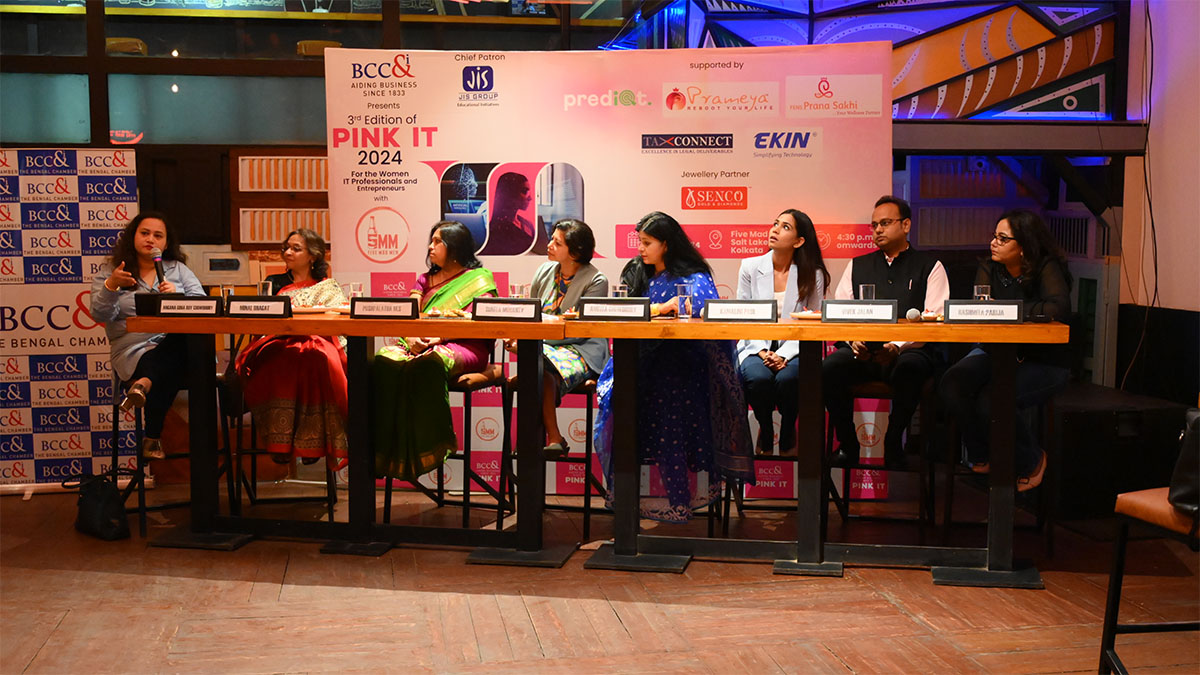 L-R: Ms Angana Guha Roy Chowdhury, Assistant Director General, The Bengal Chamber of Commerce and Industry; Ms. Minal Bhagat, Member, IT Entrepreneurs and eCommerce National Committee, BCC&I and Director, Ensonic Computech Pvt Ltd., Kolkata; Ms. Pushpalatha M.S., CEO & Director, Prameya Health and Cofounder & Director, GarbhaGudi IVF Centre from Bengaluru; Ms Sunita Mohanty, Head of Cloud Success Services, SAP India, Bengaluru; Ms Amrita Chowdhury, Co-Founder & CEO, Gaia Smart Cities, Mumbai; Ms. Kamalini Paul, Managing Director, Paulson Hotel and Resorts Private Limited  (D C Paul Group of Companies), Kolkata; Mr Vivek Jalan, Chairperson, Fiscal Affairs & Taxation (National) Committee, The Bengal Chamber of Commerce and Industry and Partner, Tax Connect Advisory Services LLP, Kolkata; Ms Rashmita Parija, HR Head- India, Lexmark International Inc., Kolkata.