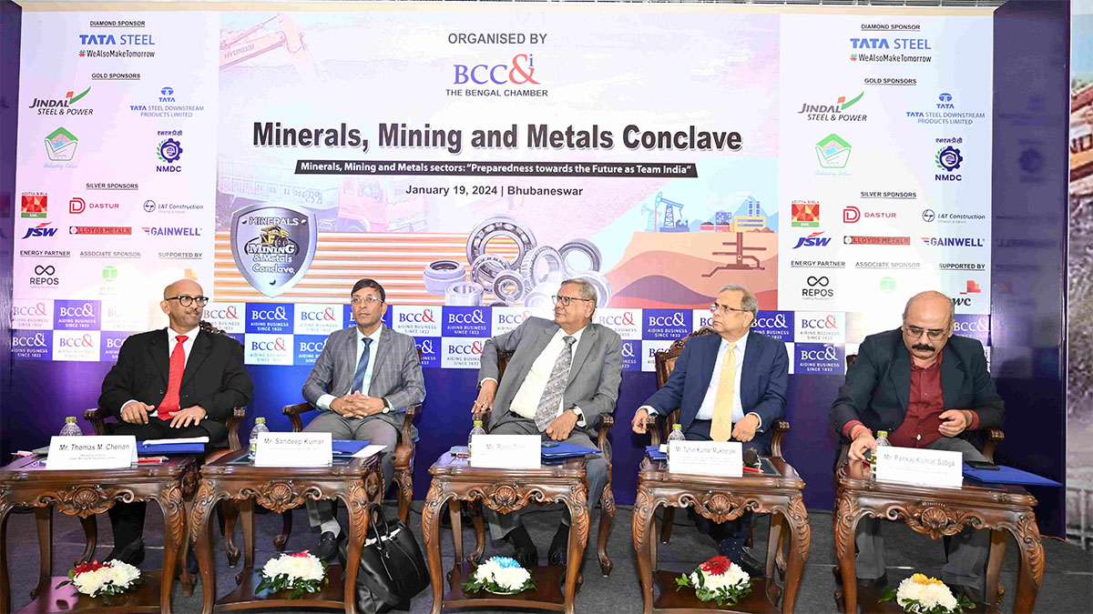Speakers at the Opening Session - Minerals, Mining and Metals sectors: “Preparedness towards the Future as Team India” Seat on the dias (from Left) are : Mr. Thomas M. Cherian, Managing Director, Essel Mining & Industries Limited  Mr. Sandeep Kumar, Chairperson, Metals Committee and MD, TSDPL  Mr. Rana Som, Mentor, Minerals & Mining Committee, BCC&I and Former CMD, NMDC  Mr. Tuhin Kumar Mukherjee, Chairperson, Minerals and Mining Committee, BCC&I and Advisor- Mineral Resource & Mining, Aditya Birla Management Corporation Pvt. Ltd.  Mr. Pankaj Kumar Satija, Executive in-Charge, Ferro Alloys & Minerals Division, Tata Steel Ltd.