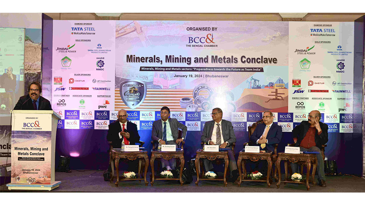 Speakers at the Opening Session - Minerals, Mining and Metals sectors: “Preparedness towards the Future as Team India” Seat on the dias (from Left) are : Mr. Thomas M. Cherian, Managing Director, Essel Mining & Industries Limited  Mr. Sandeep Kumar, Chairperson, Metals Committee and MD, TSDPL  Mr. Rana Som, Mentor, Minerals & Mining Committee, BCC&I and Former CMD, NMDC  Mr. Tuhin Kumar Mukherjee, Chairperson, Minerals and Mining Committee, BCC&I and Advisor- Mineral Resource & Mining, Aditya Birla Management Corporation Pvt. Ltd.  Mr. Pankaj Kumar Satija, Executive in-Charge, Ferro Alloys & Minerals Division, Tata Steel Ltd.