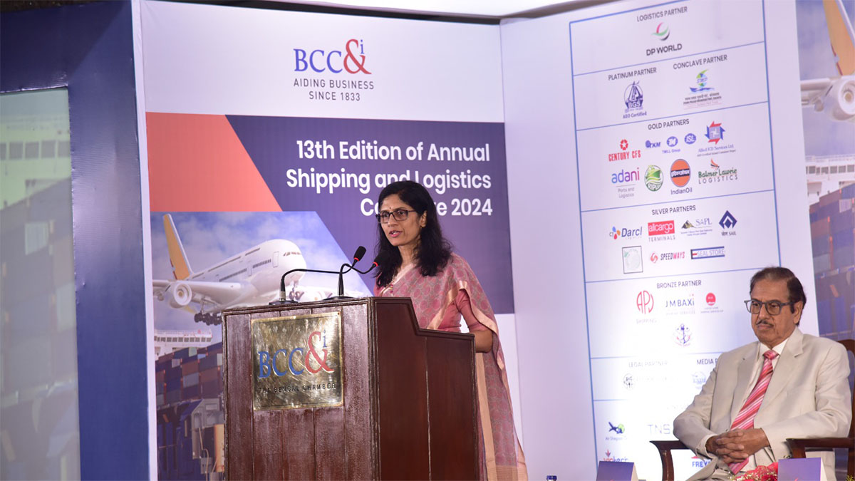 Smt. Vandana Yadav, IAS, Principal Secretary of the Department of Industry, Commerce, and Enterprises, Government of West Bengal, the Chief Guest, while Shri Rathendra Raman, IRTS, Chairman of Syama Prasad Mookerjee Port, the Guest of Honour addressed the Inaugural session of the 13th edition of the Annual Shipping and Logistics Conclave 2024, in presence of Mr. Gautam Ray, President of BCC&I; Mr. Debashis Dutta, Chairperson of the Shipping and Logistics Committee, BCC&I and Capt. S. B. Mazumder, Executive Director of Seahorse Ship Agencies Pvt. Ltd. on Friday, 15th March 2024, at the W M Hall, The Chamber premises.
