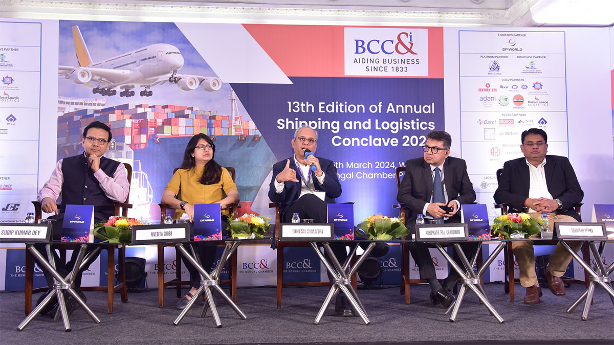 Session Chairperson Mr Dinesh Shastri, Managing Director, TM International Logistics Limited (TMILL) conducted the Technical Session II on “Golden Period of Logistics in East and North East” of the 13th edition of the Annual Shipping and Logistics Conclave 2024, in the presence of Mr. Adhip Nath Palchaudhuri, Director Service Business, Balmer Lawrie & Co. Ltd. ; Mr. Shantanu Verma, Chief - Shipping Services, Tata Steel Limited ; Mr. Sudip Kumar Dey, Honorary Secretary, Federation of Freight Forwarders' Associations in India; Ms Nivedita Ghosh, Senior Manager Outbound and Coastal Shipping at Tata Steel Group, on Friday, 15th March 2024, at the W M Hall, The Chamber premises.