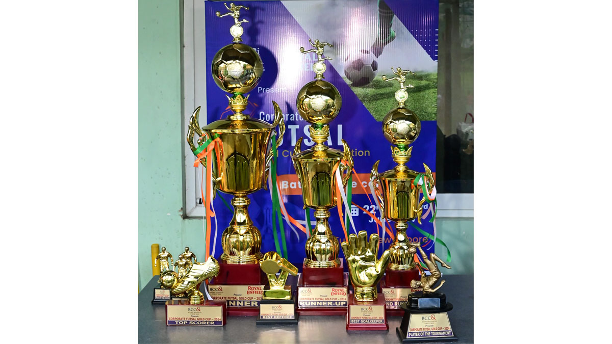 The trophies from The Bengal Chamber Corporate Futsal Gold Cup - 2nd Edition